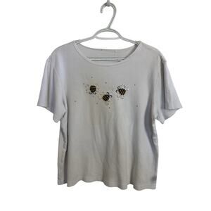 White Bumble Bee White Embroidered T-Shirt Boxy Size XL Sequins Rhinestones